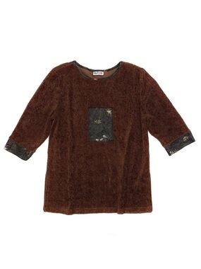 Vintage 90s Nina Piccalino Brown Fuzzy 3/4 Sleeve Satin Trim Boxy Patch Top